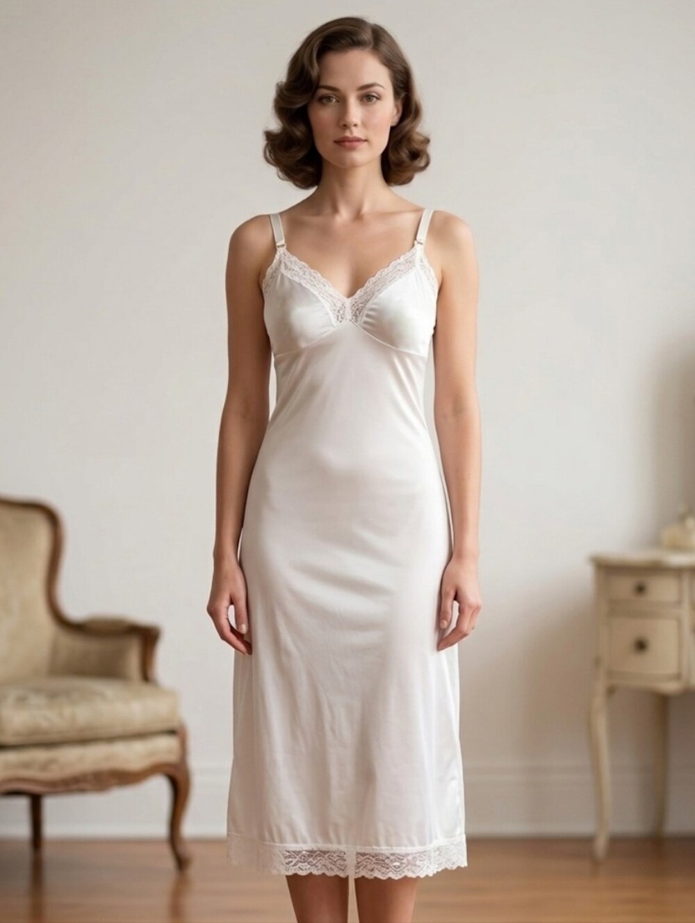 Vintage ILGWU Ivory White Nylon Lace Trim Midi Full Slip Retro Lingerie 32